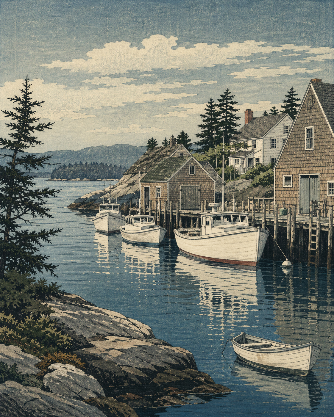 白い船が並ぶメインの港町