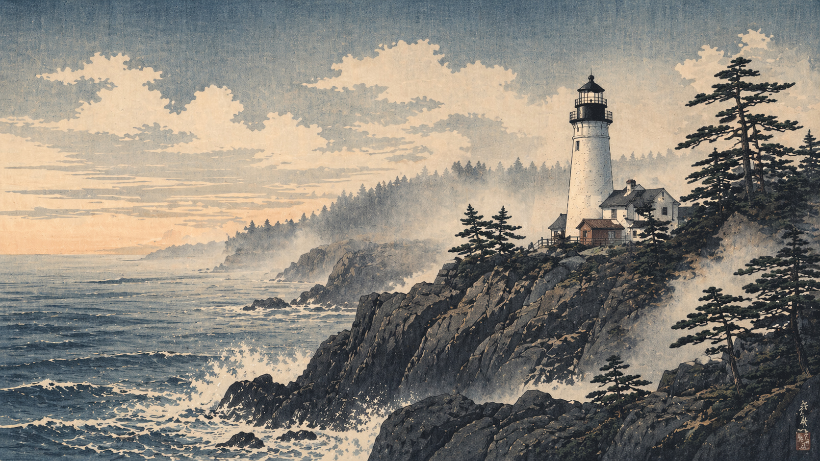 霧と海岸と灯台